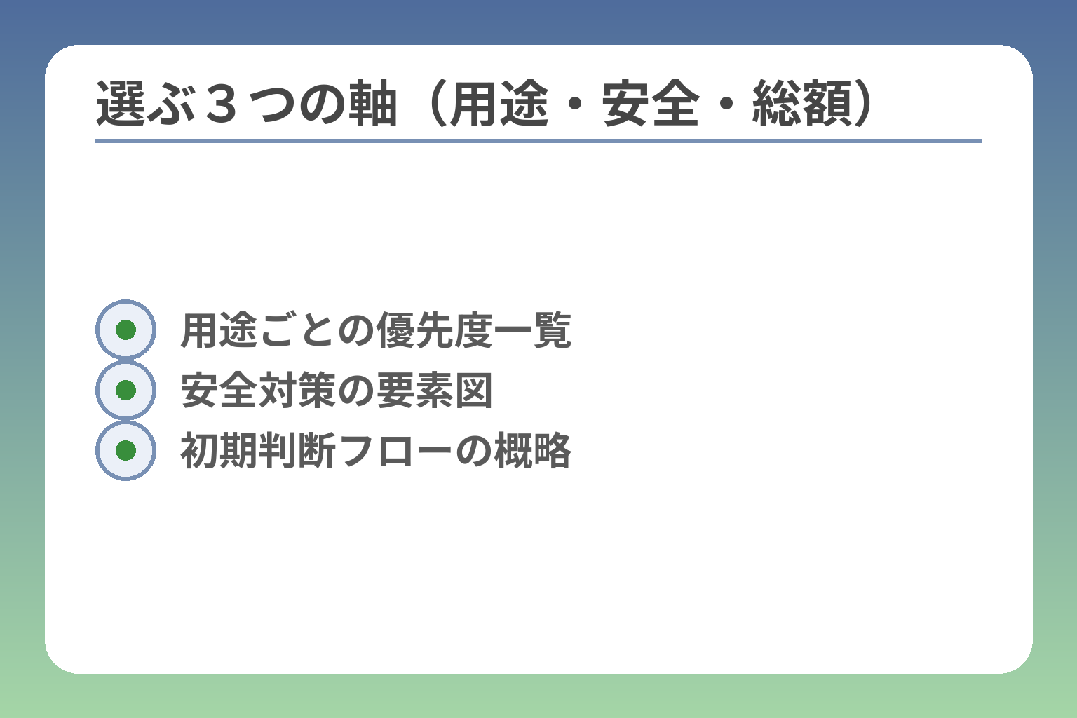 選ぶ３つの軸（用途・安全・総額）