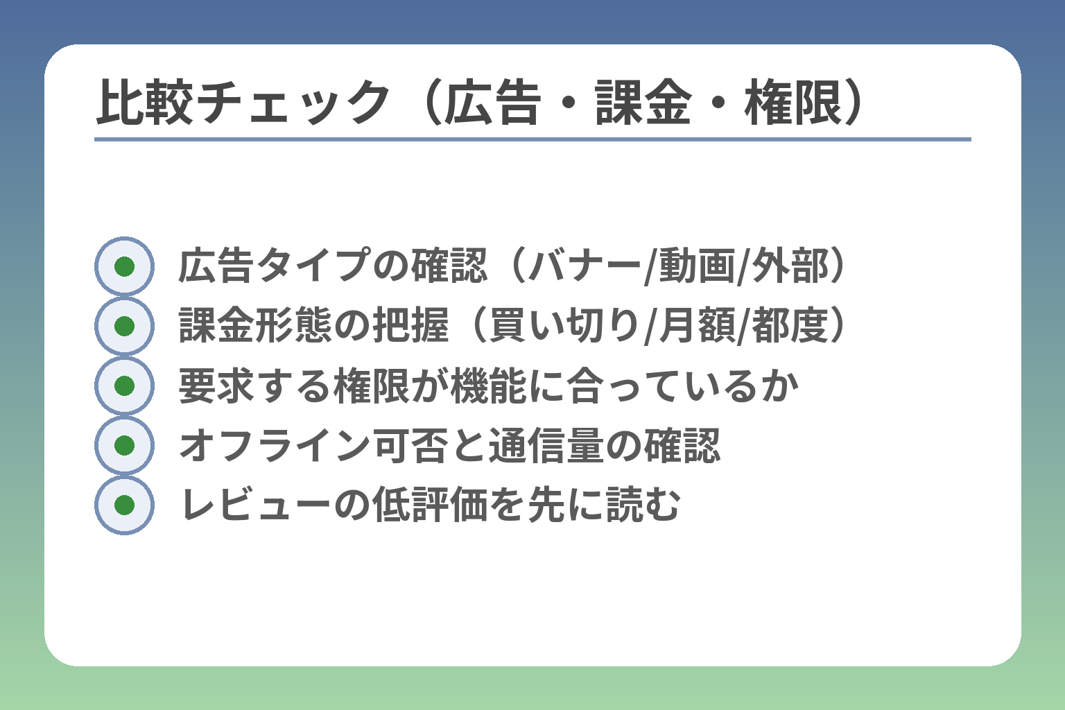 比較チェック（広告・課金・権限）